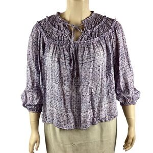 Zac & Rachel Purple Peasant Blouse Size L Smocked Tie Neck 3/4 Sleeve